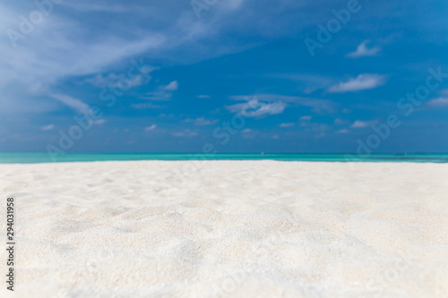 Empty tropical beach background. Horizon with sky and white sand with copy space