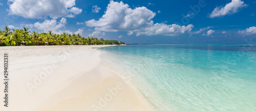 Fototapeta Naklejka Na Ścianę i Meble -  Luxury beach resort with palms on white sand, topical island background, summer vacation concept, holiday and tourism design. Exotic landscape, inspirational leisure banner