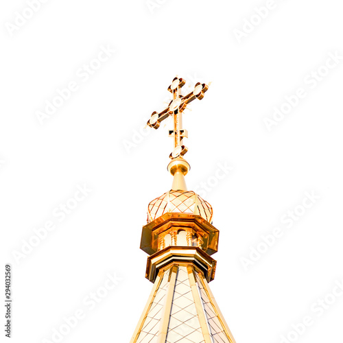 Golden roof of the Orthodox Church with a cross isolated on white background.