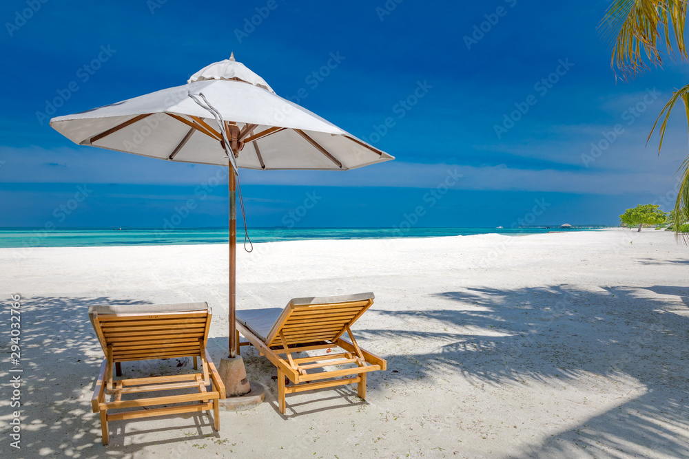 Relaxation and inspiration beach view. Idyllic tropical beach landscape for background or wallpaper. Design of summer vacation holiday concept.