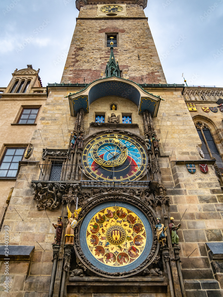 Astronomical Clock Orloj closeup in Czech Republic, Europe. Vintage style. Prague clock tower detail. Famous attraction residents of Praga - obrazy, fototapety, plakaty 