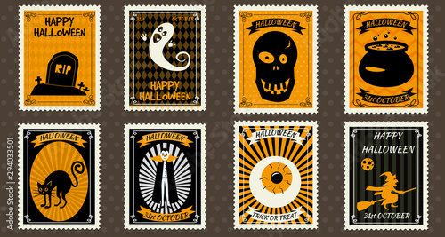 Happy Halloween Set Postage Stamps with pumpkin, ghost, Wampire, zombie, castle, black cat grave