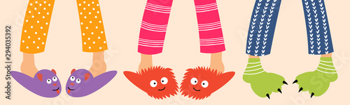Children's feet in funny slippers. Children in pajamas spend the night with friends. Pajama party. Vector editable illustration photo