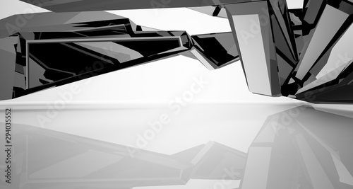 Abstract architectural white and black gloss interior of a minimalist house with large windows. 3D illustration and rendering.