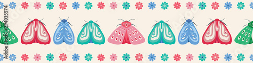 Vector seamless border pattern of moths and flowers. A colourful insect and flower repeat design background.