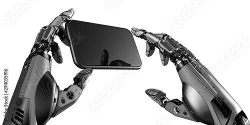 Hightly detalied Robot arms working with smartphone touch screen, 3d rendered photo