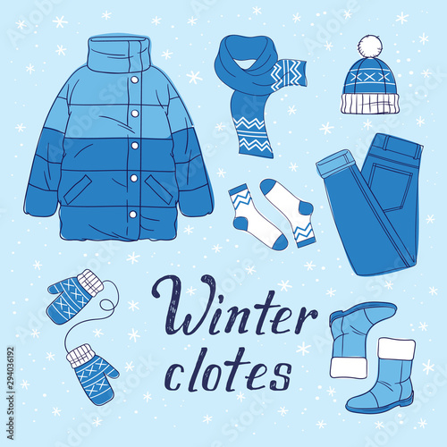 Vector illustration of winter wardrobe and hand drawn phrase for print, sticker, decor. Flat style Illustrations of warm clothes
