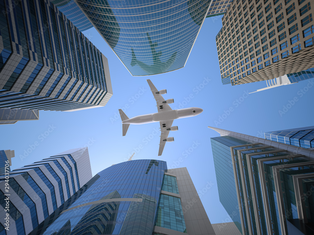 Fototapeta Airplane flying over skyscrapers n city downtown district. Business corporate travel background concept. 3