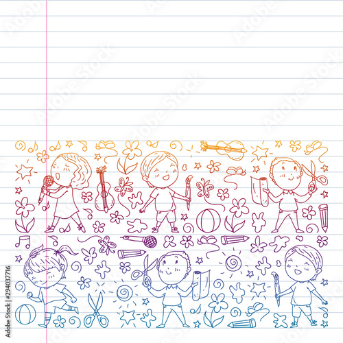Creative kids dancing, sing, playing football, playing guitar, violin, making models from paper. Gradient drawing on exercise notebook.