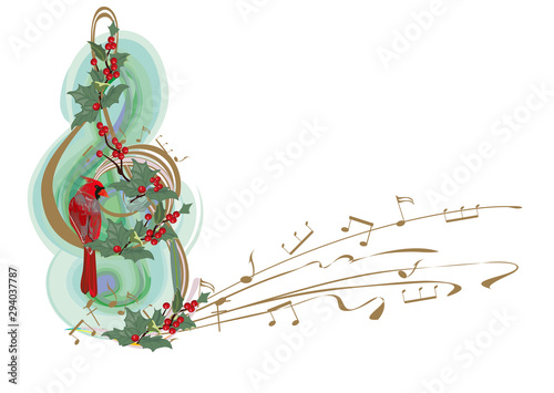 Winter music. Abstract treble clef decorated with snowflakes and notes, holly and birds. Vector illustration.