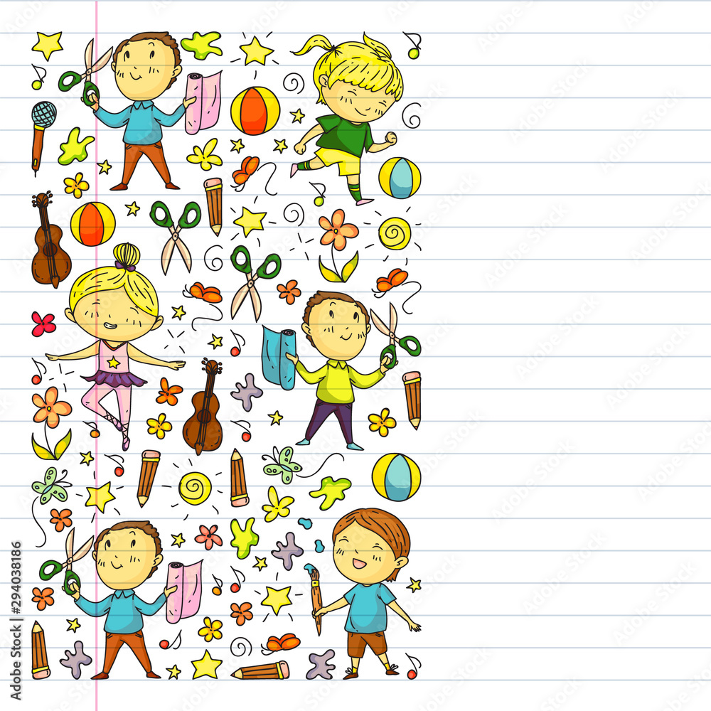 Creative kids dancing, sing, playing football, playing guitar, violin, making models from paper. Drawing on exercise notebook. Creative kids dancing, sing, playing football, playing guitar, violin, making models from paper. Drawing on exercise notebook.