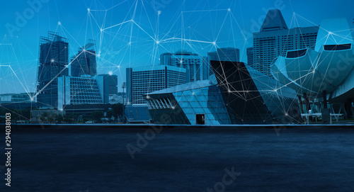 Photography Singapore urban cityscape skyline night scene with empty loft cement floor on front and wireless network low poly line