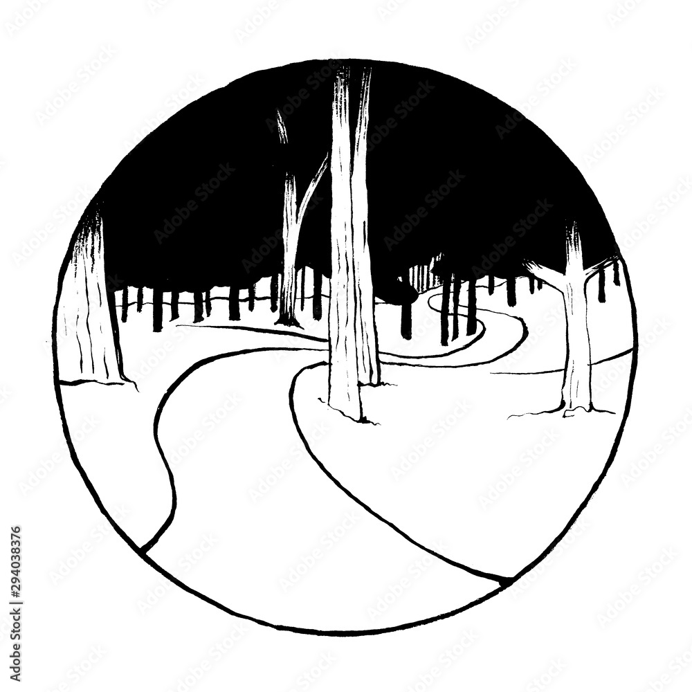 Forest woods path night illustration black and white drawing Stock ...