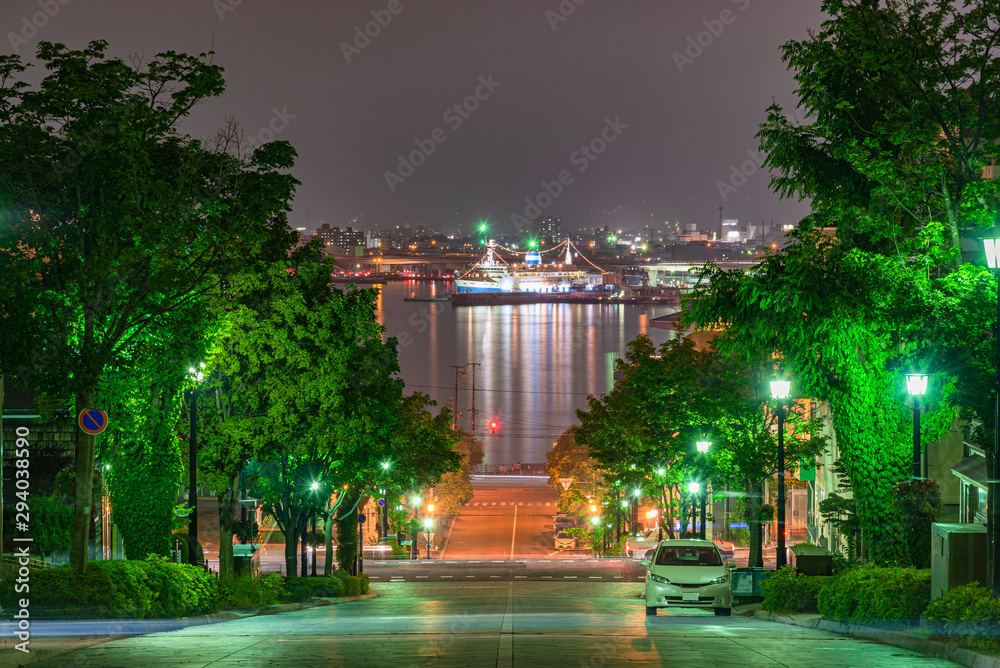 Hachimanzaka Slope light up at night. A sloped street made famous in