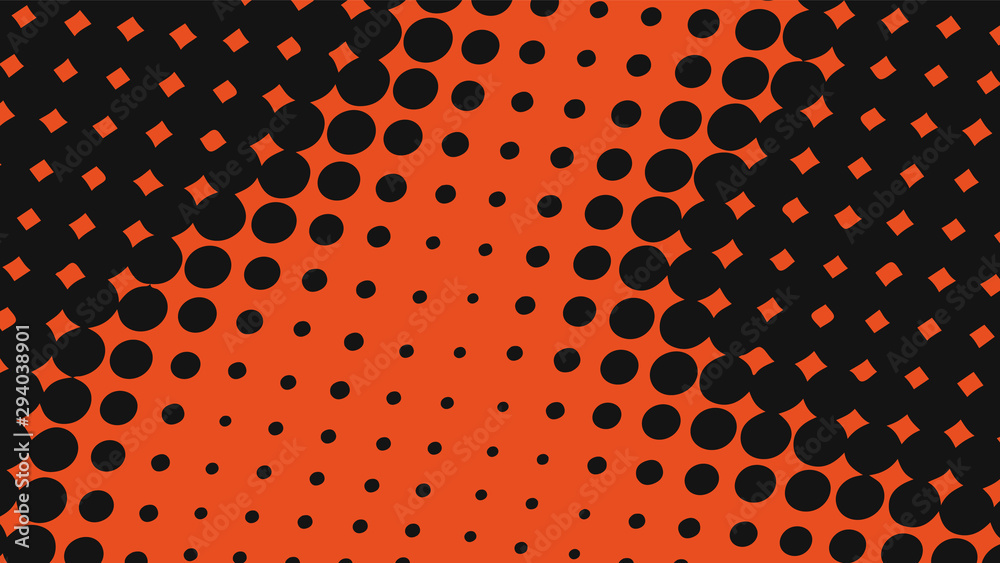 Orange and black retro comic pop art background with haftone dots