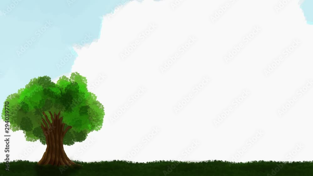 Animation of a tree (oak or sequoia), appearing first as a growing trunk only, then with a majestic crown expanding and flourishing. Room for copyspace. Symbolic meaning: growth, strength, value.
