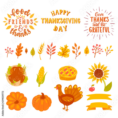 Happy thanksgiving day set. Lettering, pumpkins, pie, leaves, turkey. 