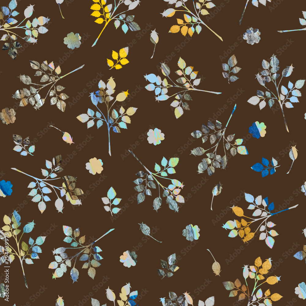 Autumn seamless pattern with dogrose, roses and branches on brown background