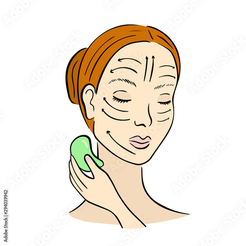 Gua Sha facial massage. Woman with scraper.