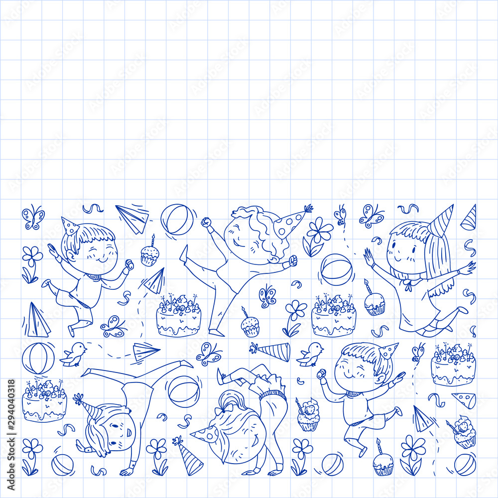Vector illustration in cartoon style, active company of playful preschool kids jumping, at a party, birthday. Pen drawing in squared notebook. Vector illustration in cartoon style, active company of playful preschool kids jumping, at a party, birthday. Pen drawing in squared notebook.