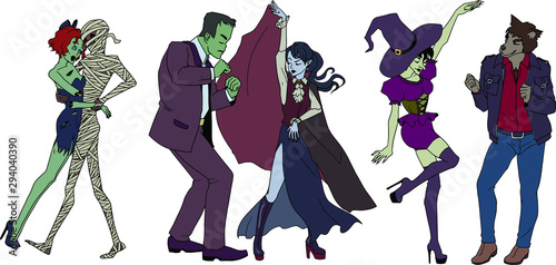 Dancing monsters: mummy, zombie girl, Frankenstein monster, vampire, witch, werewolf.