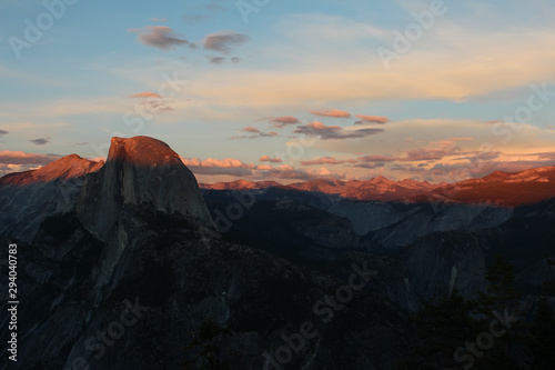Landscape view of Half Dome, Liberty Cap, Little Yosemite Valley, Vernal Fall and Nevada Fall from Glacier Point, Yosemite National Park, California, USA