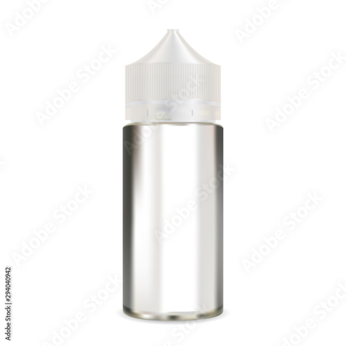 E liquid bottle mock up. Vapour packaging blank. Vape smoke dropper container mockup. Realistic essence oil glass jar with plastic dropper. 3d product design for natural essential extract