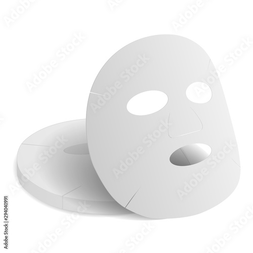 Face mask sheet. Beauty collagen product 3d mockup. Facial moisture woman cosmetic vector concept. Disposable paper or cotton tester packaging on white background. Girl pore care pack