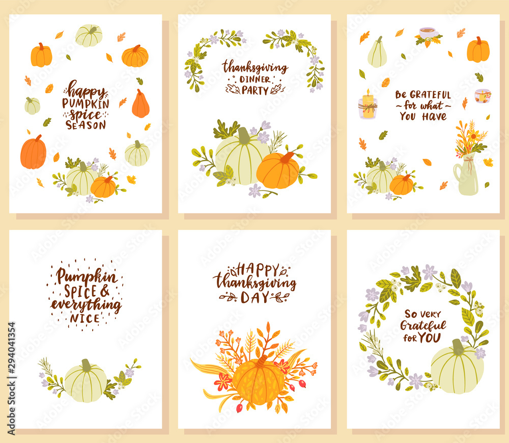 Set of happy thanksgiving day cards with pumpkins, leaves lettering..