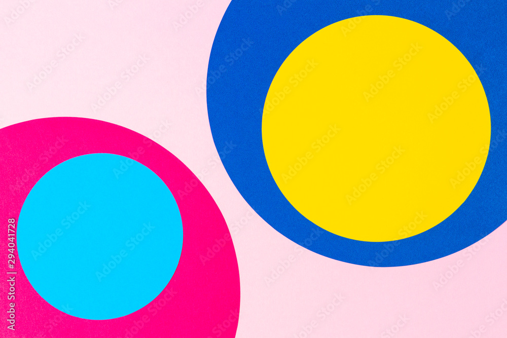 Texture background of fashion papers in memphis geometry style. Yellow, blue, pink colors. Top view, flat lay