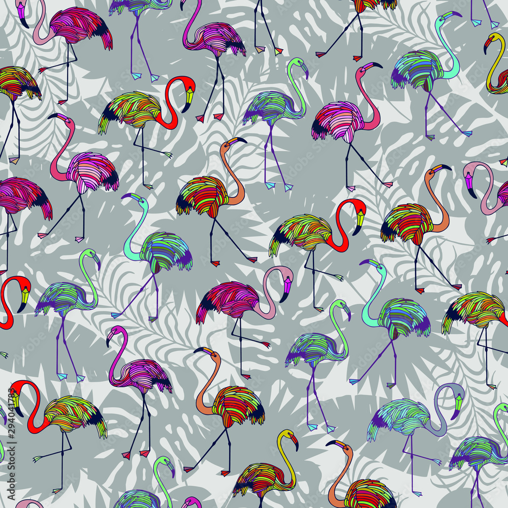  tropical leaves and pink flamingos seamless pattern. eps10 vector illustration. hand drawing