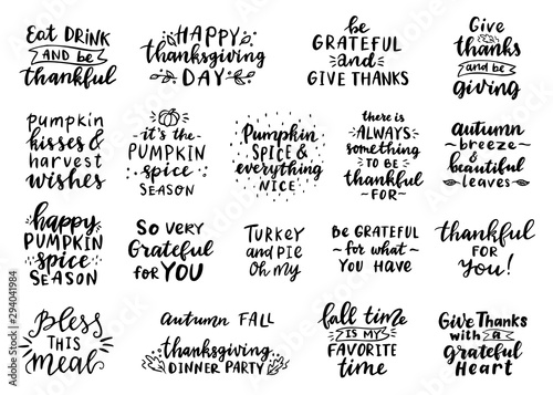 Set of phrases about thanksgiving day. Hand drawn vector lettering.
