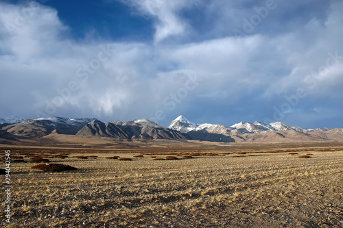 Mountainous landscape. View at Mount Kailash and Barkha plain. Tibetan Plateau, Tibet, China, Asia.
