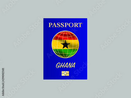 Ghana National flag with International Passport with biometric digital data chip, realistic blue cover, vector illustration for icon, logo, brand, travel agency