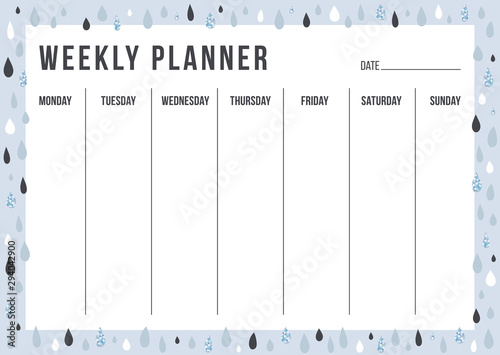 Cute weekly planning template for thing and date in Scandinavian style. Blank planner with notes on background with blue and glitter rain. Stylish weekly plan. Vector illustration photo
