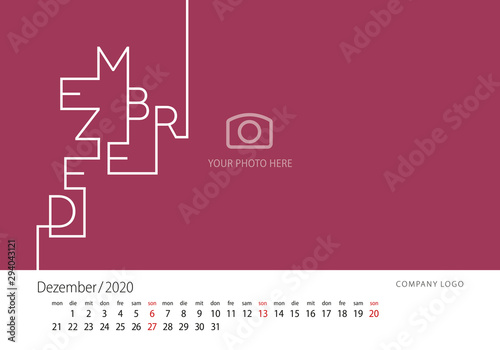 2020 New Desk Calendar German language December line design template crimson background
