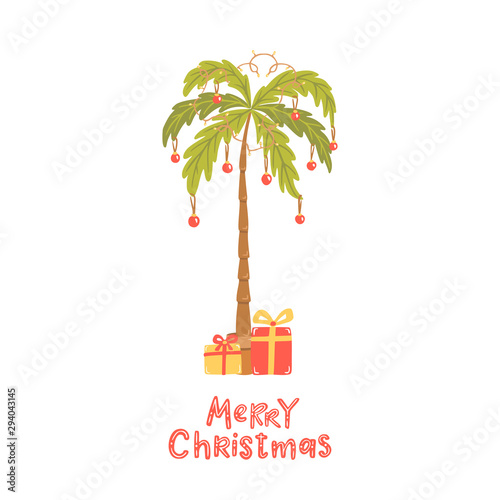 Palm with christmas balls, lamp garland, gifts. Merry Christmas.