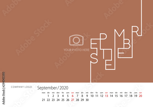 2020 New Desk Calendar German language September line design template brown background