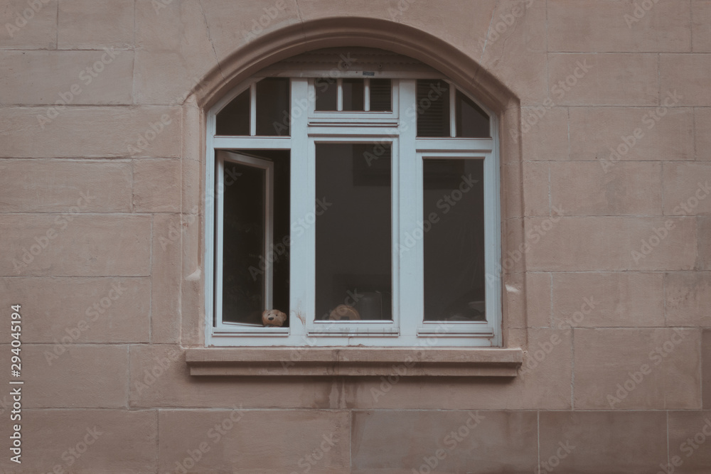Teddybär schaut in einer Stadt aus dem Fenster