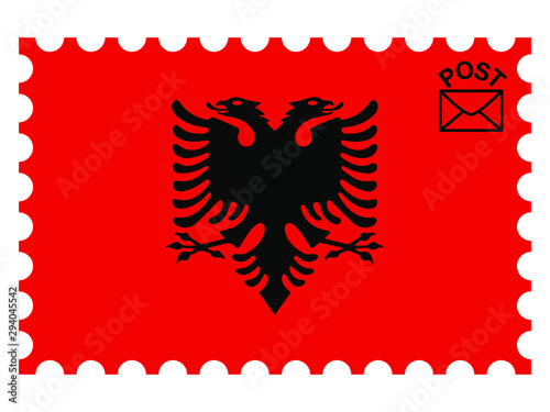Albania national flag with inside postage stamp isolated on background. original colors and proportion. Vector illustration, from countries flag set