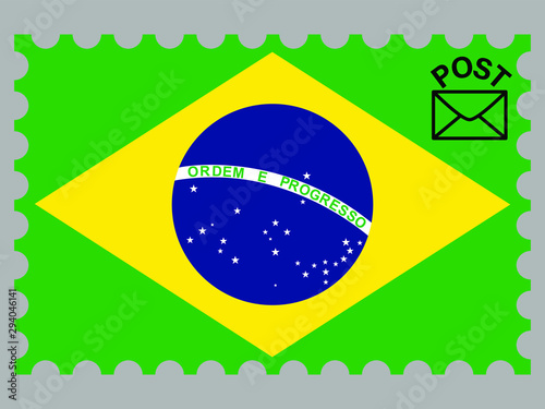 Brazil national flag with inside postage stamp isolated on background. original colors and proportion. Vector illustration, from countries flag set