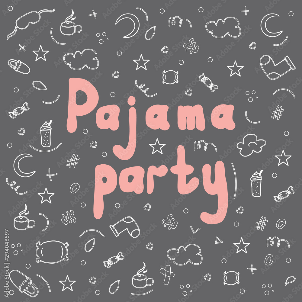 Pajama party pink text with white line pattern for pajama party. Vector elements for good sleep on grey background. text, lettering Pajama party pink text with white line pattern for pajama party. Vector elements for good sleep on grey background. text, lettering