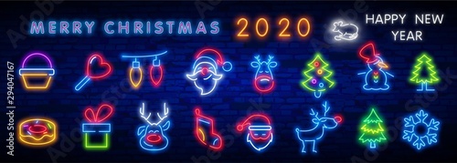 Christmas neon icon set. Merry Christmas and Happy New Year. Set neon icon, label, emblem. Bright signboard, light banner. Vector illustration