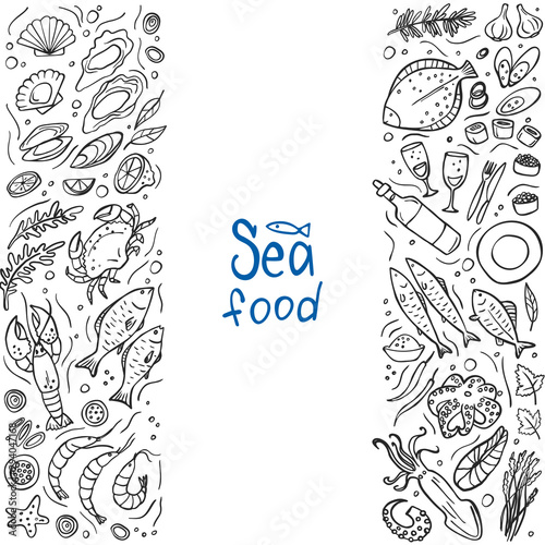 Frame from seafood doodle on white background. Vector illustration. Perfect for menu or food package design.