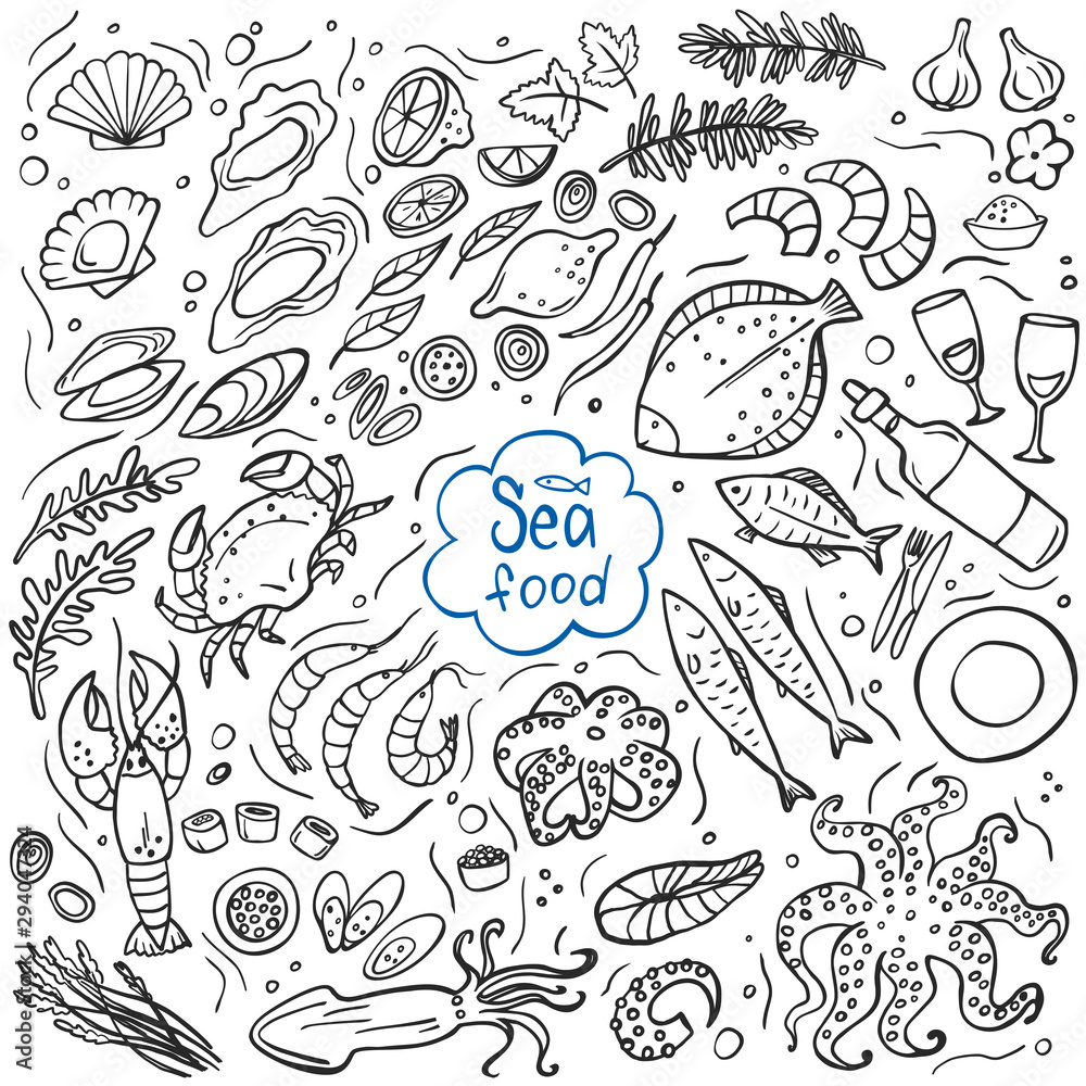 Set of seafood isolated on white. Vector illustration. Perfect for menu or food package design. Set of seafood isolated on white. Vector illustration. Perfect for menu or food package design.