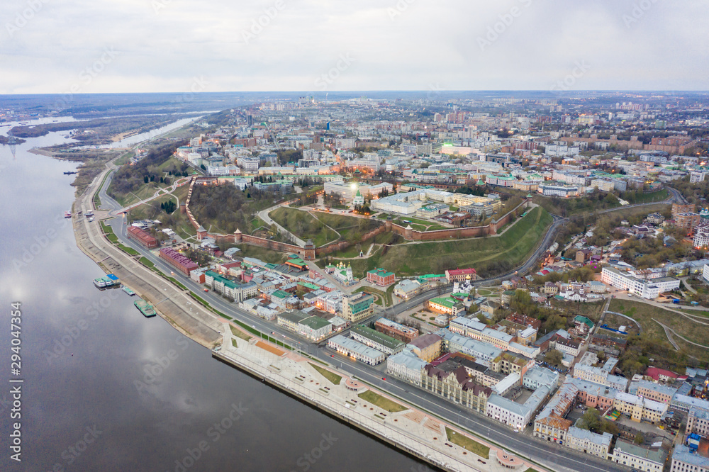 View of the Nizhny Novgorod Kremlin and the old city from the side of the river. Shooting from the air. Nizhny Novgorod, Russia