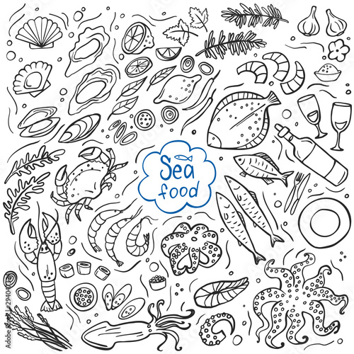 Set of seafood isolated on white. Vector illustration. Perfect for menu or food package design. © Lida