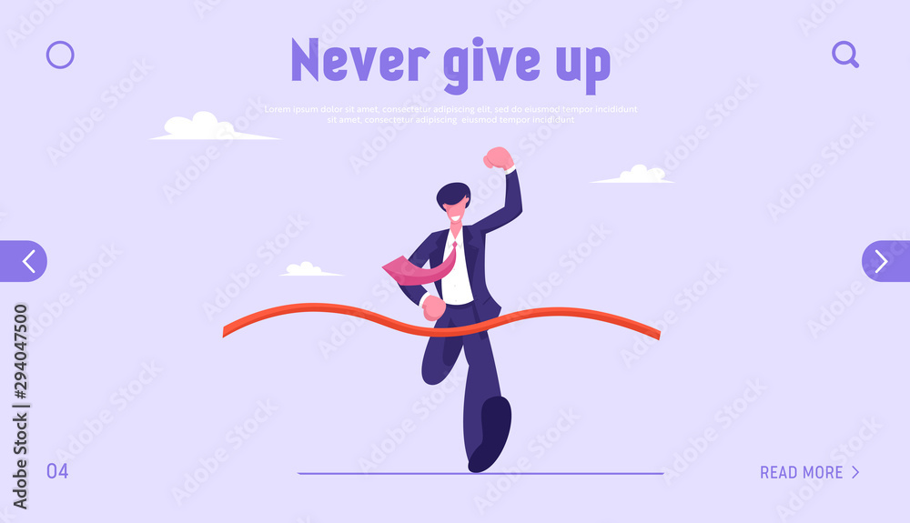 Career Success, Corporate Competition, Leadership Website Landing Page. Cheerful Business Man Crossing Finish Line of Racing Track Show Winner Gesture Web Page Banner. Cartoon Flat Vector Illustration