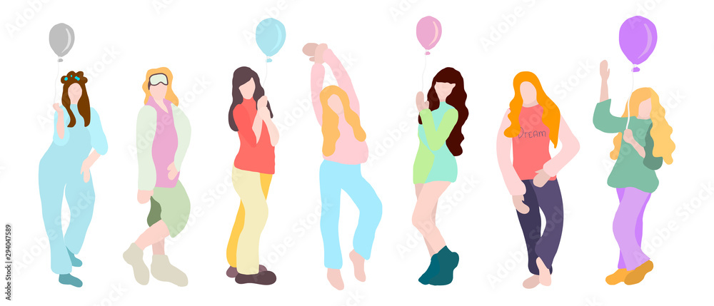 Young happy girls wearing pajamas and with balloons. concept for pajama party or sleepovers. Colorful vector illustration. isolated girls figures on white background 