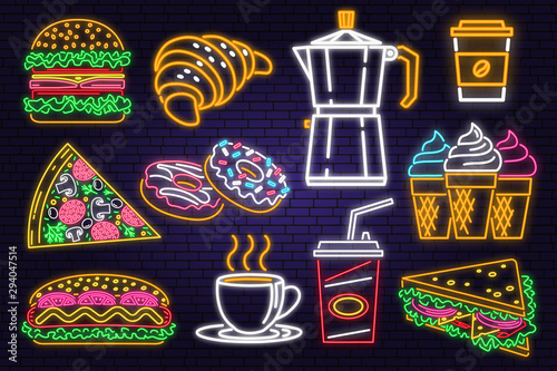 Retro neon burger, cola, croissant, coffee and fast food sign on brick wall background. Design for cafe, restaurant . Neon design for pub or fast food business. Light sign banner. Glass tube